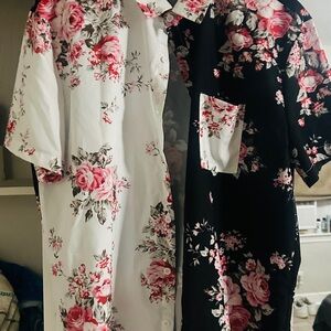 SHEIN Pink and Black Floral Button-Up Nightshirt Set